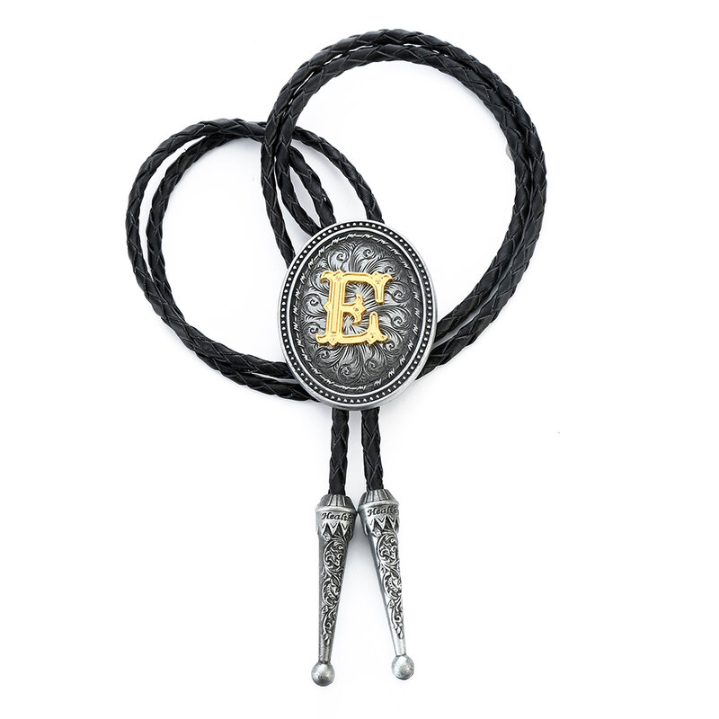 New man bolo tie zinc alloy leather collar rope wedding high-end gift retro pattern surname initials