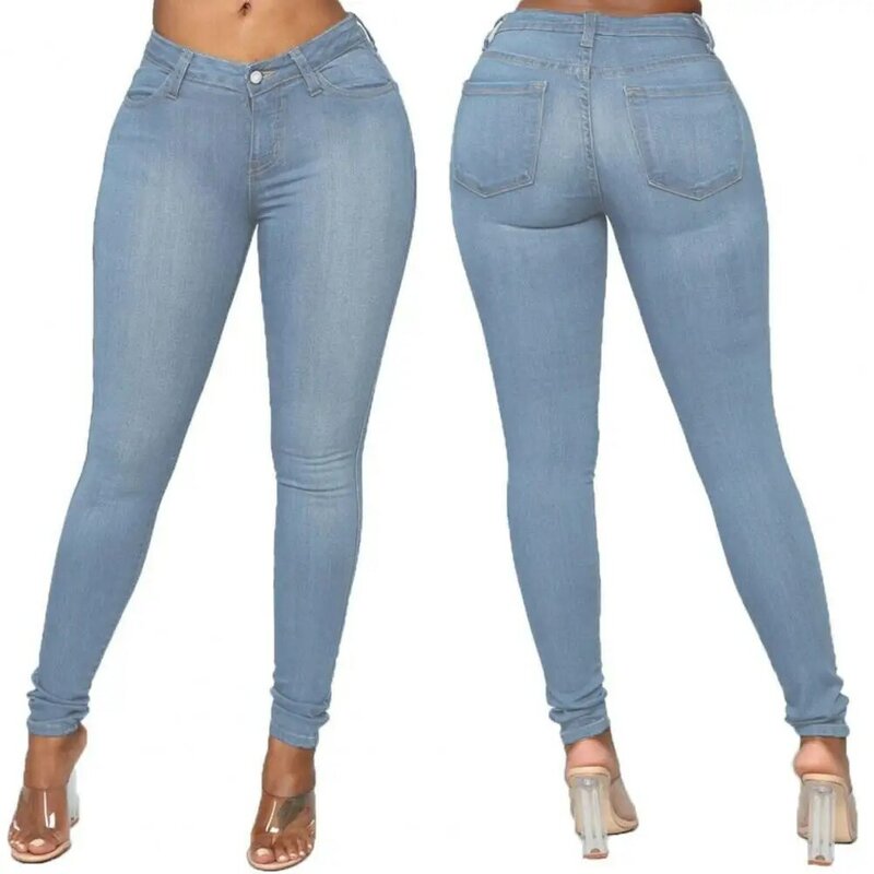 Autunno alto elastico donna Jeans Skinny bottone cerniera vita media aderente sottile Denim matita pantaloni Slim Stretch pantaloni Streetwear