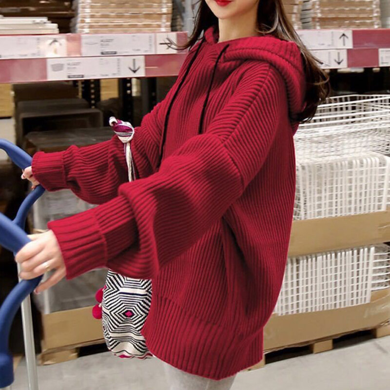 ジャンパーフード付き秋冬女性のソリッドルース長袖カジュアルレディースセーター厚手のニット女性のためのプルオーバー