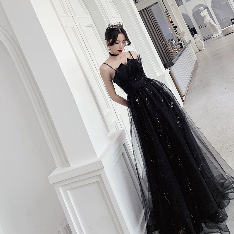 Black Evening Dress Women Spaghetti Strap Backless Tulle Long Banquet Dresses Elegant Female Formal Gowns A247