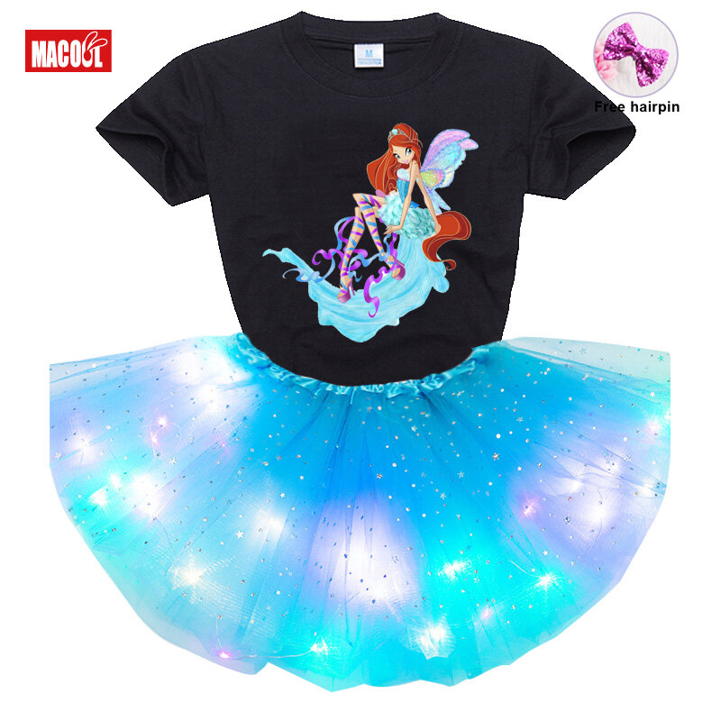 Conjuntos de ropa para niñas, camiseta de manga corta con estampado de mariposa, falda y horquilla, 3 piezas