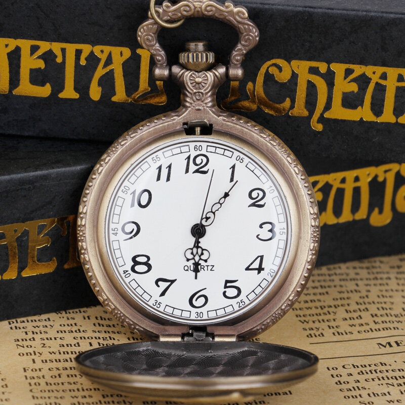 Reloj de bolsillo de cuarzo con colgante de collar de diseño frontal de tren grabado, cadena FOB, regalos para hombres y mujeres