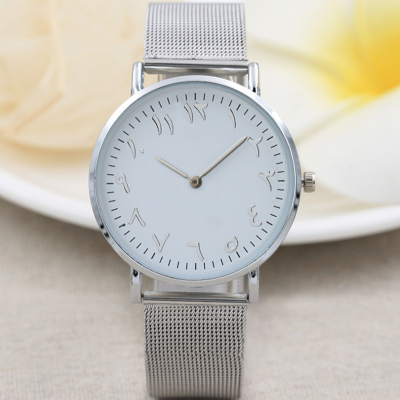 Relógio de pulso quartzo simples para mulheres, pulseira de aço inoxidável luxuosa, mostrador arábico, relógios de quartzo feminino, presente casual