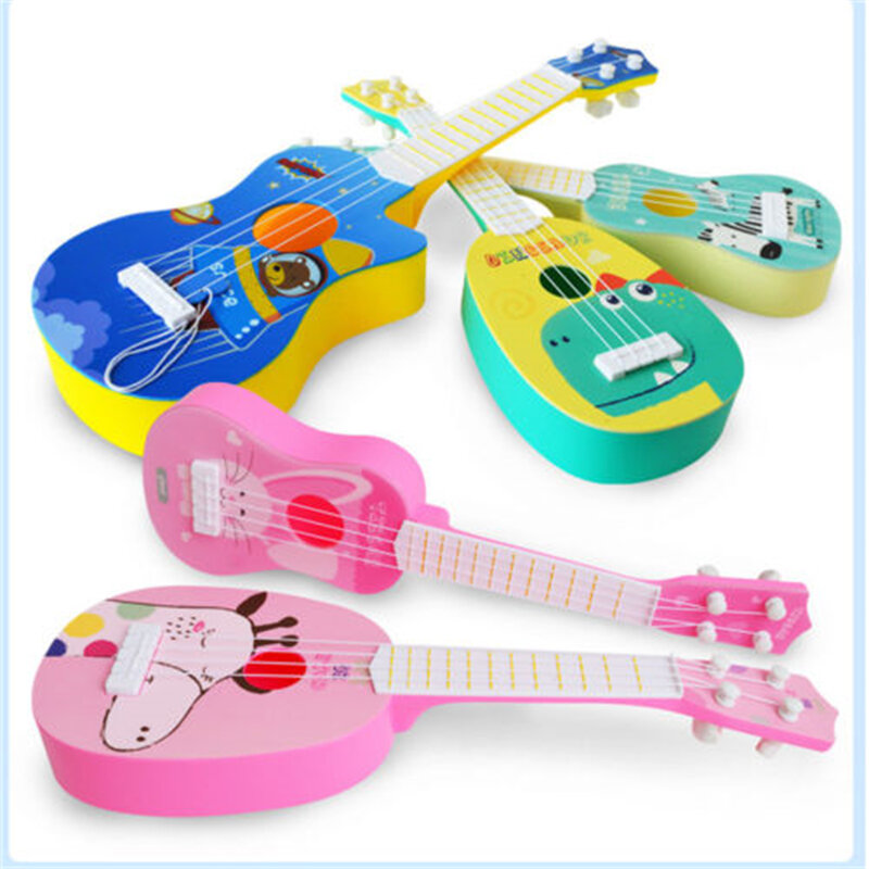 Chitarra musicale per bambini per bambini ragazzi ragazze simpatico cartone animato stampa animalier Mini strumento per Ukulele gioco educativo giocattoli rosa/blu/giallo