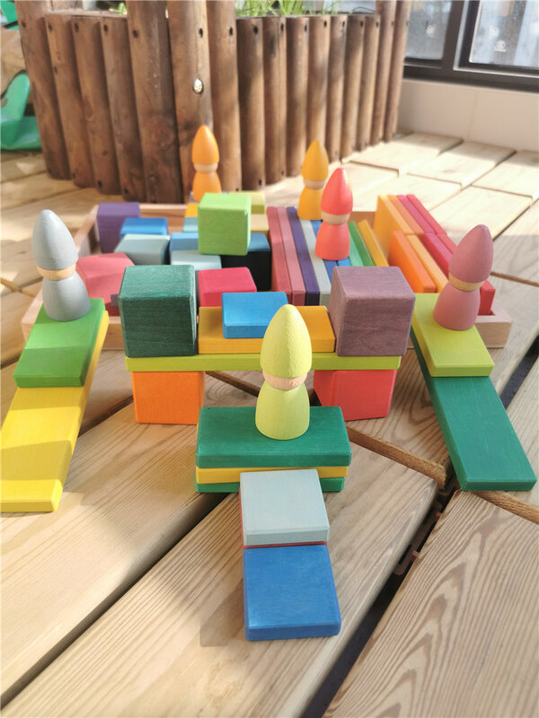 Grande arco-íris madeira blocos de construção, construir cubos, pastel empilhamento madeira brinquedos para crianças, aprendizagem precoce