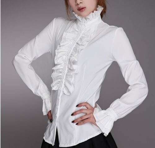 بلوزة فيكتورية مكشكشة للنساء ، قميص أبيض للعمل ، ياقة عالية ، مع انتفاضات وأساور