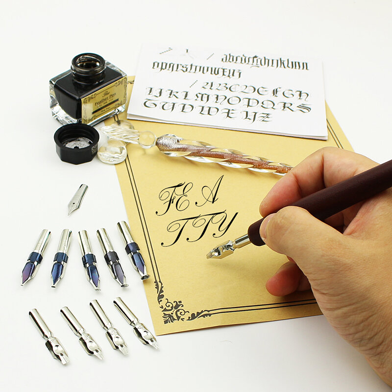 FEATTY-Kit de stylos à tremper en bois, ensemble d'écriture de calligraphie en cristal de verre, stylo plume de haute qualité pour le lettrage d'art, le dessin, 10 plumes