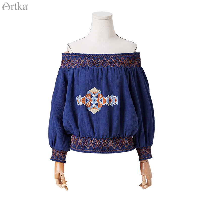 ARTKA 2020 Spring New Women's Blouse Vintage Indie Folk Embroidery Blouse Off Shoulder Top Shirt Skirt Set Long Skirt SA20408C