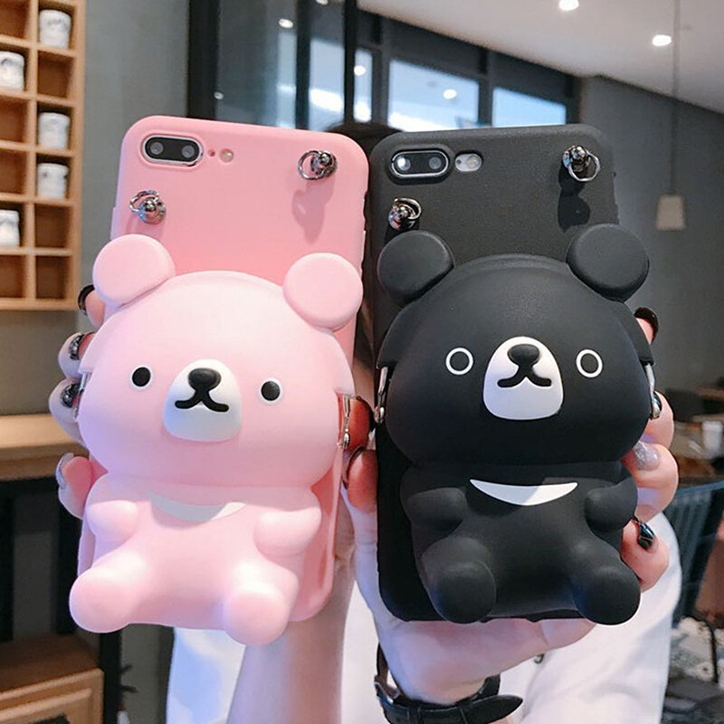 Cute Cartoon 3D Care Bear Wallet Phone Case For iphone 11 Case 6 7 8 Plus X XS Max XR Wallet Anti-fall Lanyard Strap Soft Cover