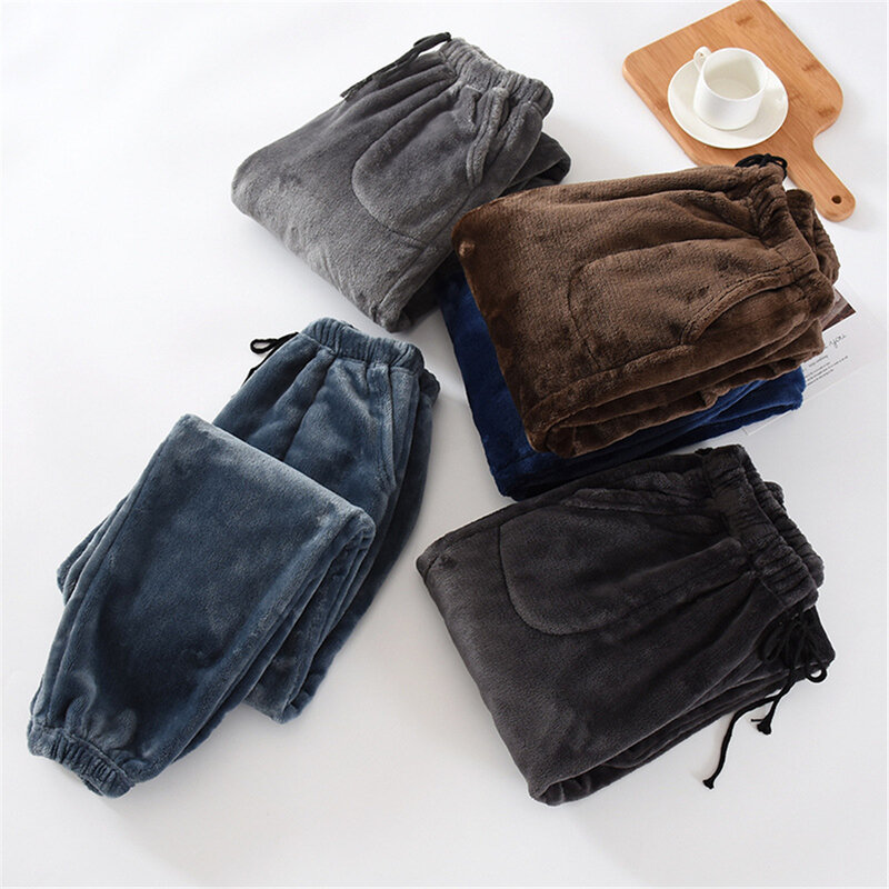 L-3XL Celana Piyama Pria Besar Tebal Hangat Celana Panjang Flanel Musim Dingin untuk Bawahan Piyama Longgar Warna Solid Pakaian Rumah Celana
