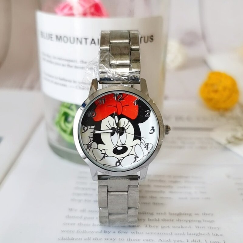 Reloj de acero con dibujos animados para niños y niñas, pulsera de cuarzo con diseño de Mickey Mouse y Minnie, ideal para regalo, 2024