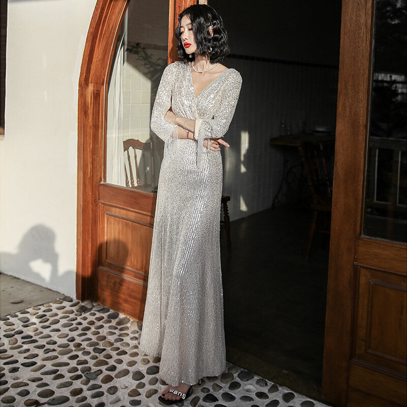 Женское вечернее платье, длинное облегающее платье с V-образным вырезом, украшенное бисером, с кисточками и блестками
