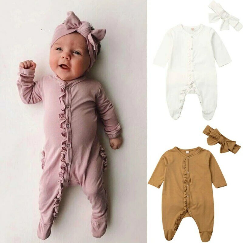 Vêtements confortables en coton pour nouveau-né | Combinaison pour bébé 0-12M + couvre-chef à manches longues et volants, couleur unie, pour bébé garçon et fille