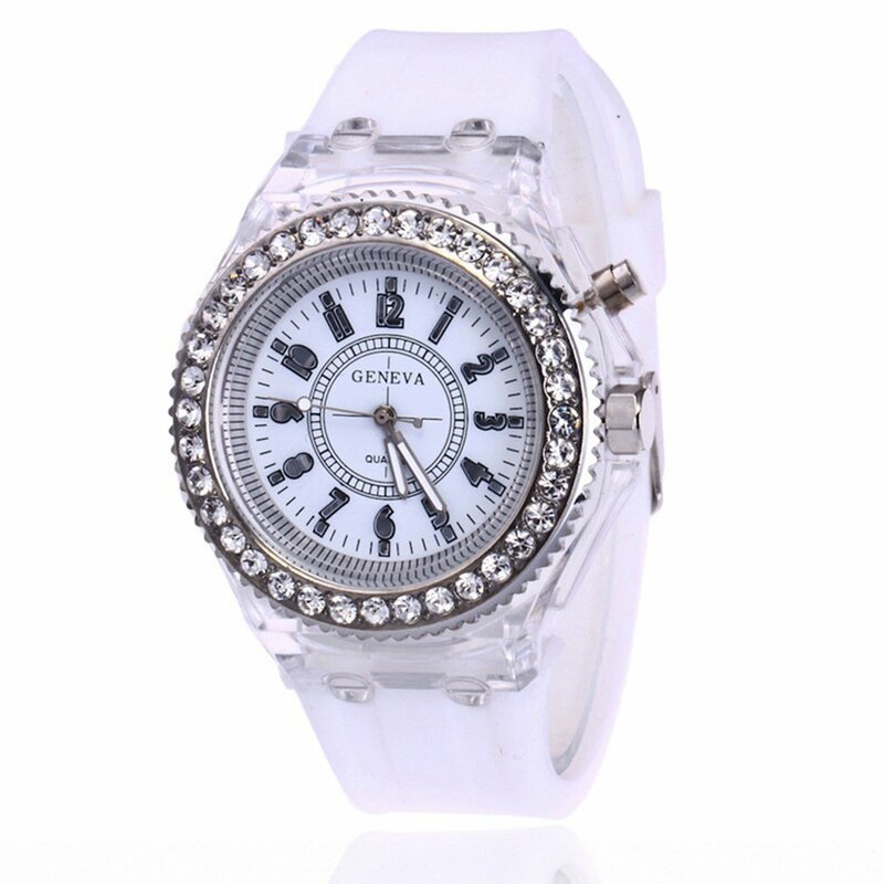 8 tipos de diamantes de imitación coloridos, relojes deportivos LED luminosos y brillantes, reloj de cuarzo para mujer, relojes de pulsera de silicona para mujer
