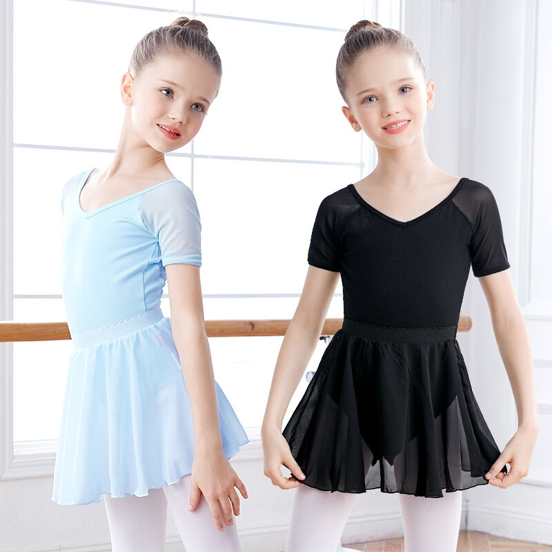 Justaucorps de ballet noir pour enfants, costume de batterie à manches courtes, vêtements de danse en maille pour filles