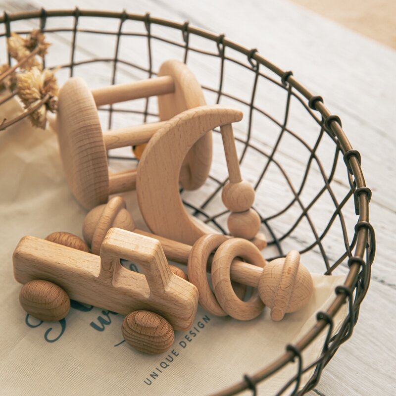 1set set di sonagli per bambini giocattoli per auto in legno di faggio 0-12 mesi sonagli campana per letto massaggiagengive per l'apprendimento dei denti Edccation giocattoli in legno per animali