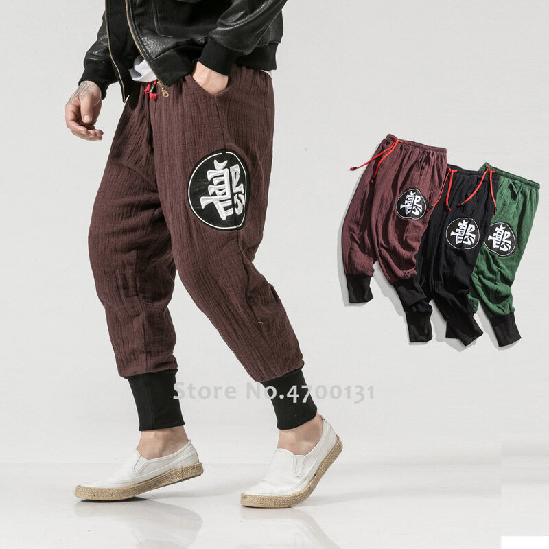 Mężczyźni w japońskim stylu Harajuku spodnie typu Casual chiński styl Kung Fu hafty pościel bawełniana spodnie i spódnice sportowe na świeżym powietrzu Harem spodnie Streetwear