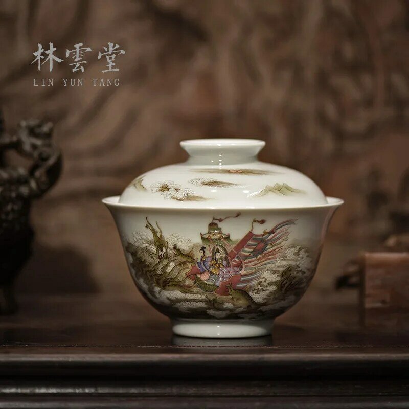 Lin Yuntang-figura de diosa turen jingdezhen, tazón de cerámica secundario, juego de té antiguo, pastel pintado a mano