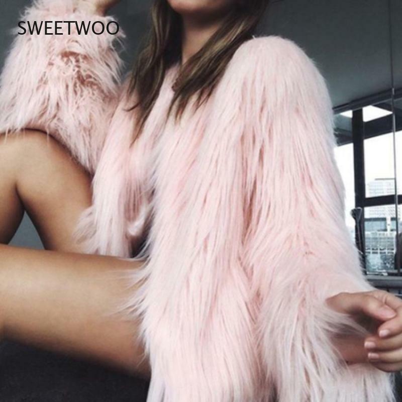Mantel Bulu Imitasi Wanita Musim Gugur Musim Dingin Mode Baru 2021 Jaket Pendek Pakaian Luar Berbulu Lengan Panjang Warna Solid Mantel Hangat Berbulu