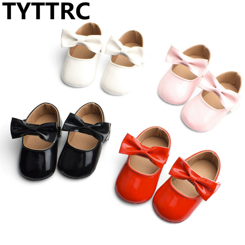 New Newborn Baby Girls Shoes Patent Leather Buckle First Walkers with Bow Red Black Pink White Soft Soled Non-slip Crib Shoes