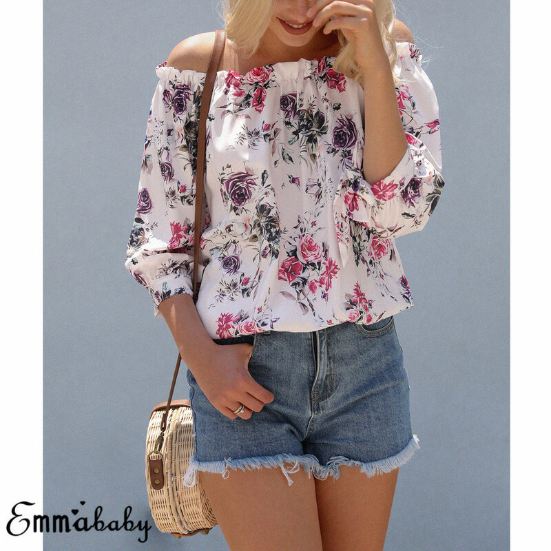 New Hot Women Elegant Casual Loose Tops Ladies Tee Printed Shirts Plus Size Fashion Sexy Off Shoulder Blouse Shirts