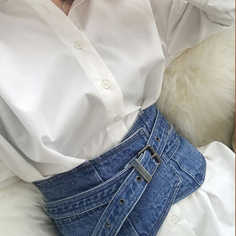 Moda y Simple salvaje Denim cintura sello encaje femenino decorativo Ins viento con falda camisa atada cinturón ancho