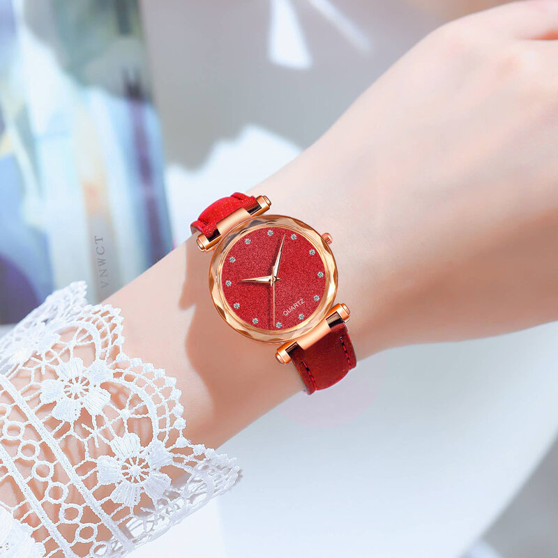 女性のためのロマンチックな星空の腕時計,クォーツ時計,レザー,ダイヤモンド,シンプルな時計,女性のための