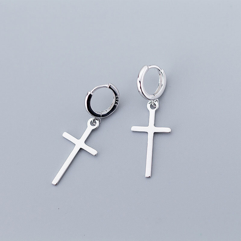 ANENJERY Silver Color Cross Pendant Hoop Earring Personality Hypoallergenic Ear Jewelry For Women Men Couple Gifts S-E1102