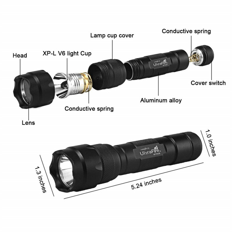 UltraFire WF-502B LED 18650 사냥 캠핑 휴대용 밝은 빛 방수 손전등, 전술 군사, 2 팩