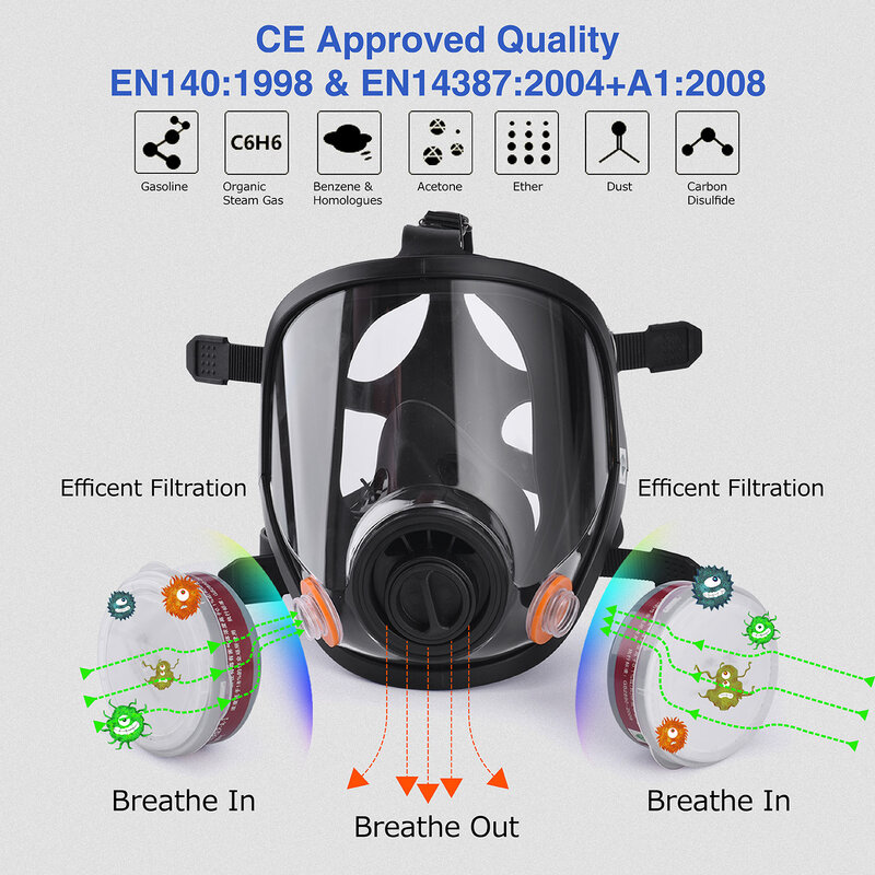Safeyear segurança máscara facial preto 1 cilindros 2 filtro aperto do ar fácil de usar respingo resistente à prova de poeira impermeável anti-nevoeiro