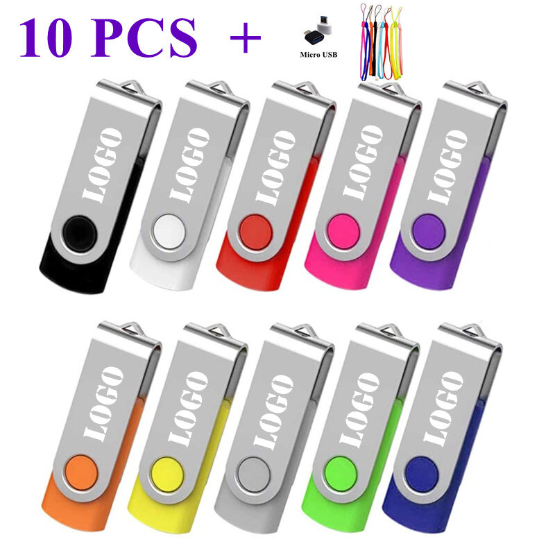 Custom LOGO 10PCS OTG 2.0 USB Flash Drive 8GB 16GB 32GB 64GB USB Stick Pen Drive 1GB 2GB 4GB Pendrive for Smart Phone/PC Lanyard