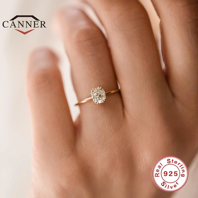 CANNER-Mini anillo de compromiso de circón para mujer, de Plata de Ley 925 auténtica, anillos femeninos de Color dorado, joyería fina, regalo