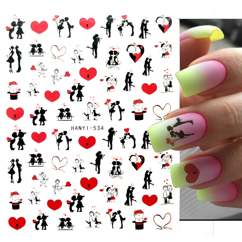 Deslizadores 3d con letras de San Valentín para decoración de uñas, 1 piezas, flor de amor, pegatinas de agua, accesorios para manicura