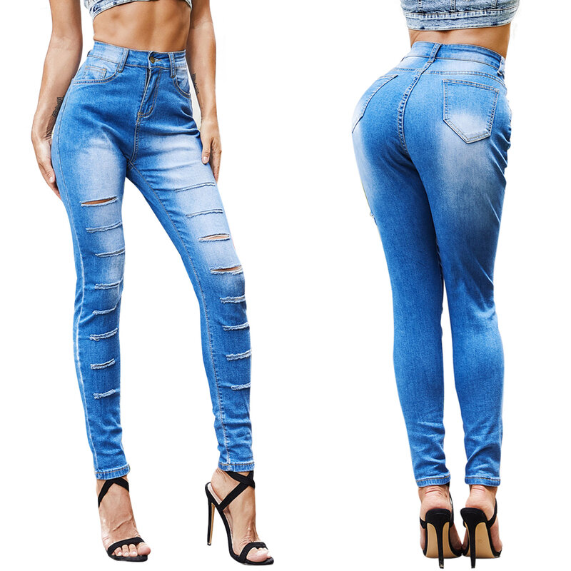 Penjualan Laris Celana Pensil Jeans Pinggang Tinggi Warna Solid Seksi Slim-Fit Celana Speaker Jeans Wanita Skinny Jeans untuk Wanita