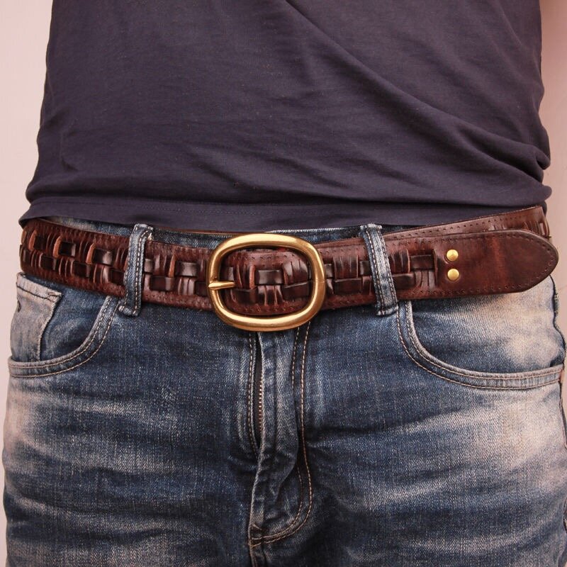 Vintage Luxury Handmade Leather Weave Copper Buckle Men's Belt Cowhide Retro All-match Casual Jeans Soft Belt