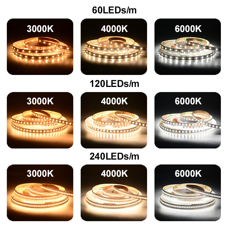 Tira de luz LED 2835 de gama alta de 5 m 60/120/240 LED / m Cinta LED de cinta flexible de 16.4 pies RA90 SMD2835 Luces LED 3000K-6000K DC12V 24V