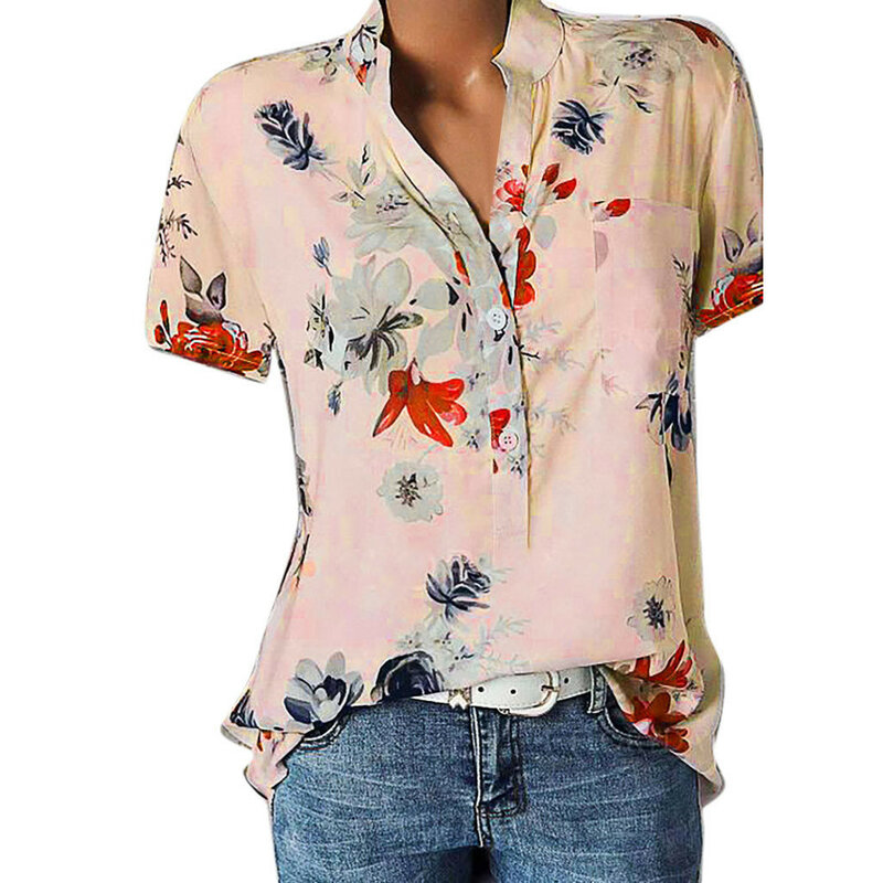 Женская туника в стиле бохо, рубашка с цветочным принтом и карманами, 2020, блузка с коротким рукавом, легкий Топ, рубашка, размера плюс