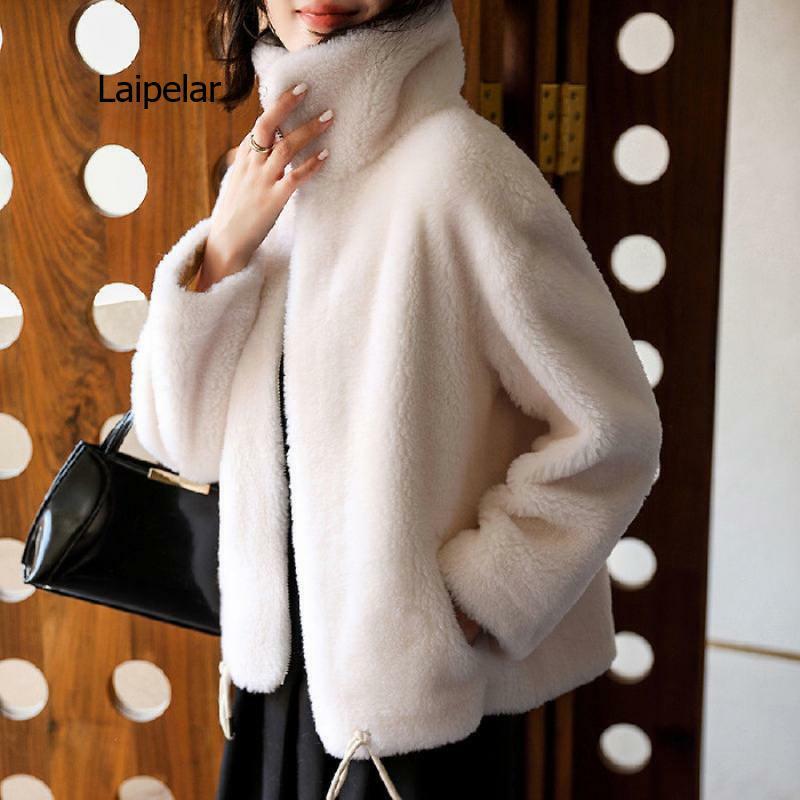 Jaket Bulu Palsu Wanita Pakaian Harajuku Katun Longgar Tebal Hangat Korea Mode Gotik Musim Dingin 2021