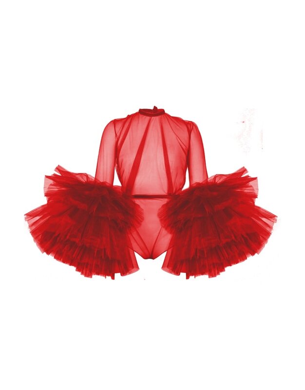 섹시한 시스루 레드 여성 점프수트 2020, 푹신한 전체 소매 러플, 티어드 얇은 명주 그물 롬퍼