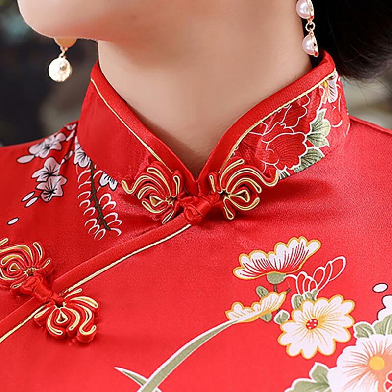 Kobiety chiński z krótkim rękawem kwiatowy Print brokat Cheongsam bankiet Midi sukienka tradycyjna chińska odzież