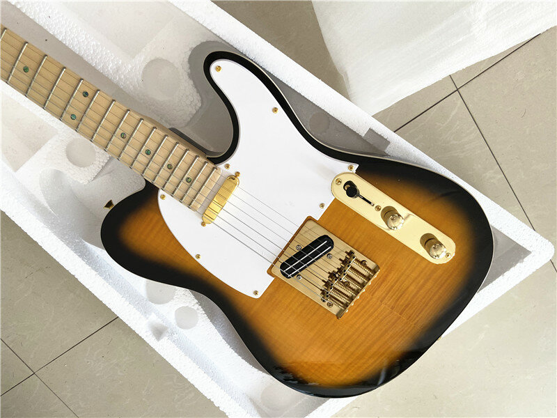 Высококачественная классическая электрическая гитара с изображением заката, золотые аксессуары, кленовый ксилофон на шею, искусственная музыка