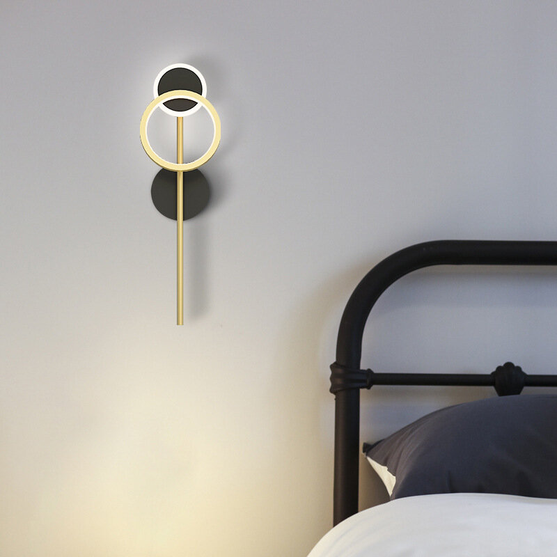 Kobuc 회전식 링 LED 벽 램프, 침대 옆 럭셔리 구리 블랙 스콘스, 침실 거실 로프트 통로 홈 실내 조명