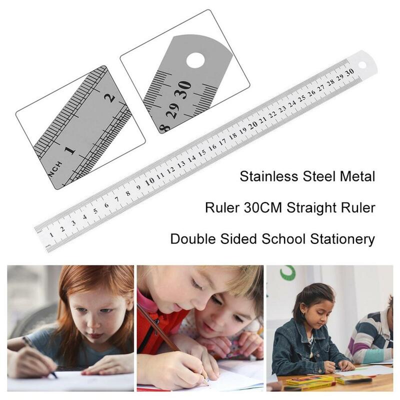 Regla de Metal de acero inoxidable 30CM medición con regla recta doble cara para coser pies y papelería escolar