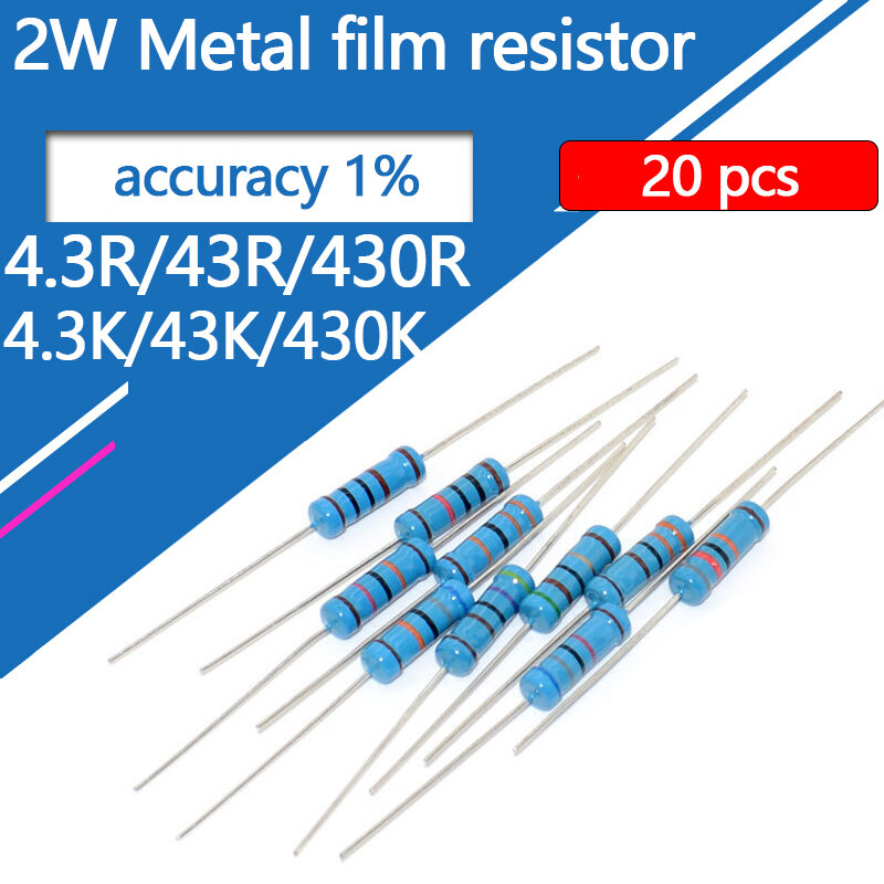 Resistor do filme do metal, 2W, 1%, 4R3, 43R, 430R, 4K3, 43K, 430K, 4,3, 43, 430 ohms, 0.1R-10m, 20 PCes