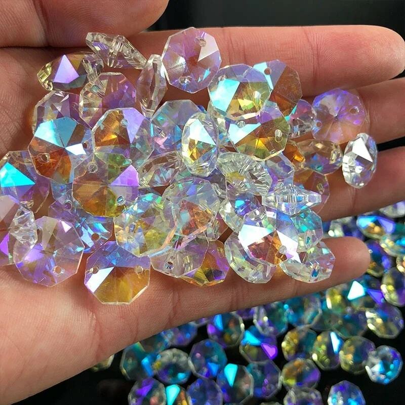 10PCS Aurora Crystal Glass Octagon Bead Prism Garland Strand Chandelier Chain Part Rainbow Suncatcher Curtain DIY Jewelry Making