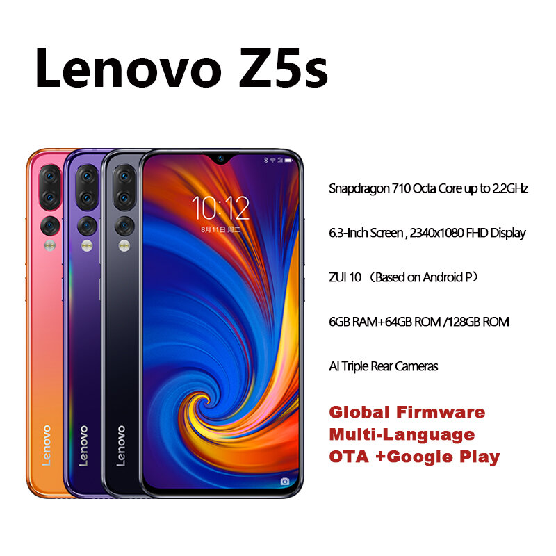 Versão global lenovo z5s snapdragon 710 octa núcleo 6 gb 128 gb telefone móvel 6.3 polegada ai triplo câmera traseira android p