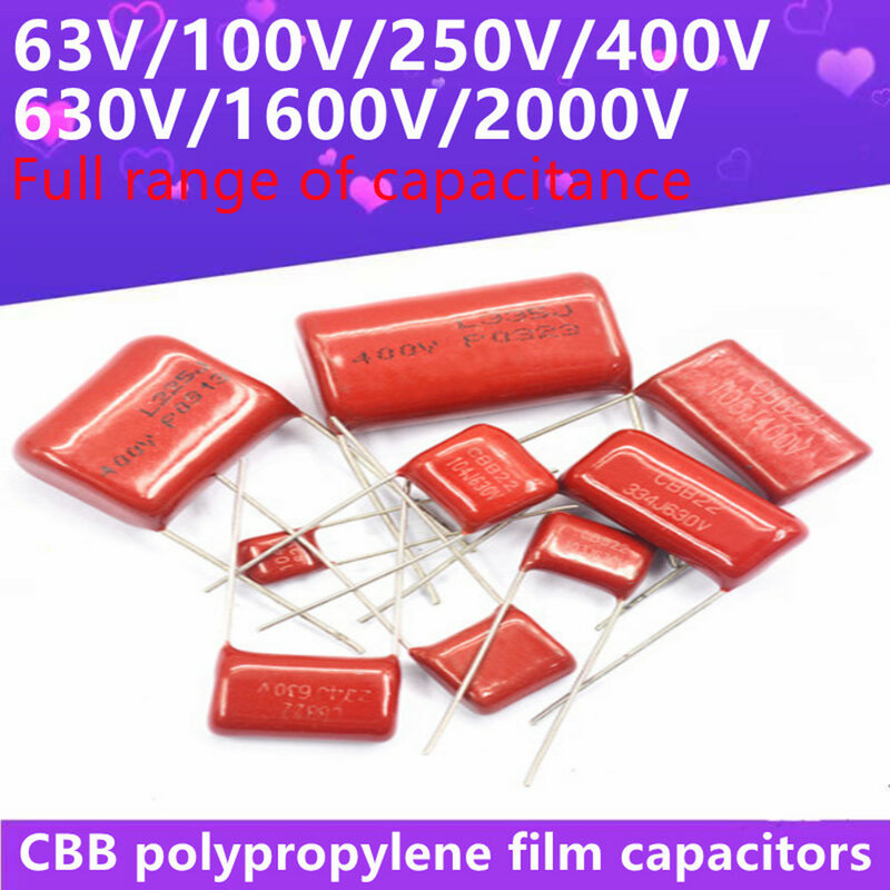 10PCS CBB22 Polypropylene Film Capacitor Brand New 63V 100V 250V 400V 630V 1600V 2000V Full Series 104 105 225J 1UF 2.2UF 100NF