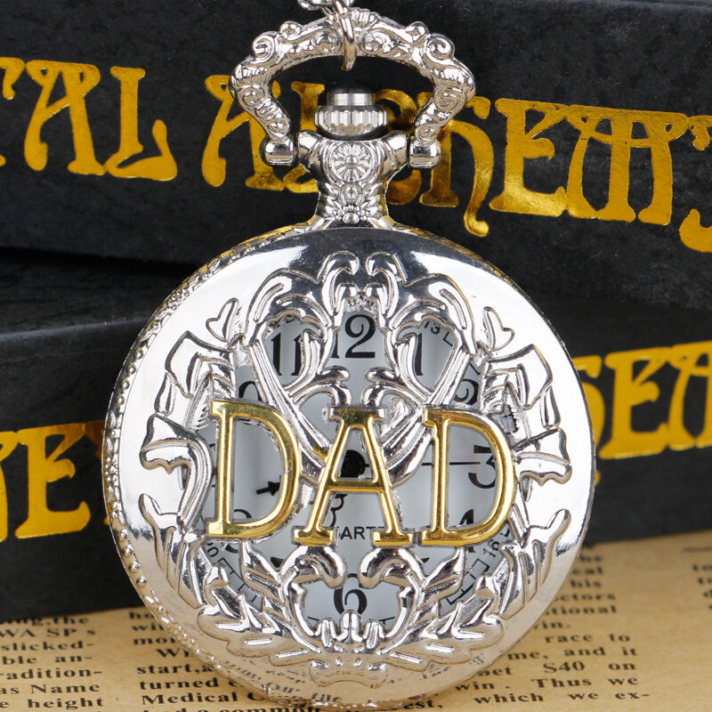 Steampunk Silver Hollow Dad Quartz Relógios De Bolso Fob Cadeia Pingente Colar Homens Pai Melhores Presentes