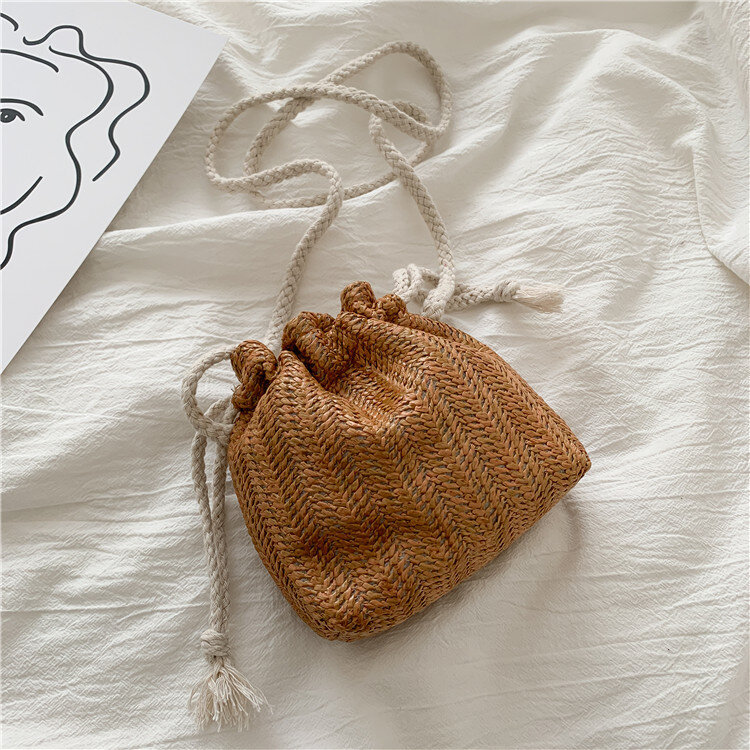 Bolsa balde de palha bordada de girassol, mini bolsa crossbody de estilo selvagem com cordão, bolsa mensageiro
