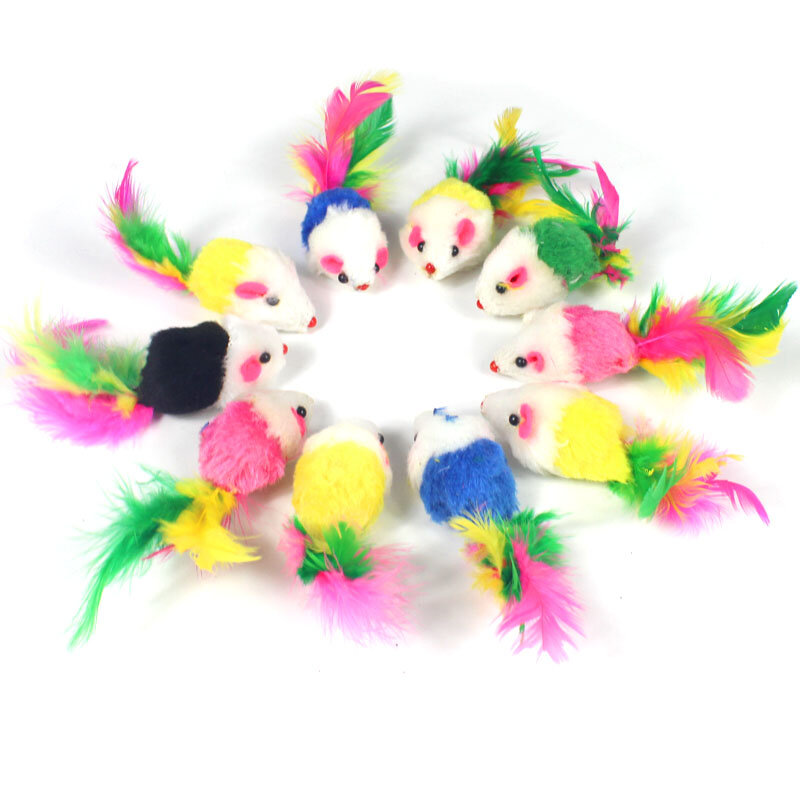 10Pcs/lot Soft Fleece False Mouse Cat Toys Colorful Feather Funny Playing Toys For Cats Kitten